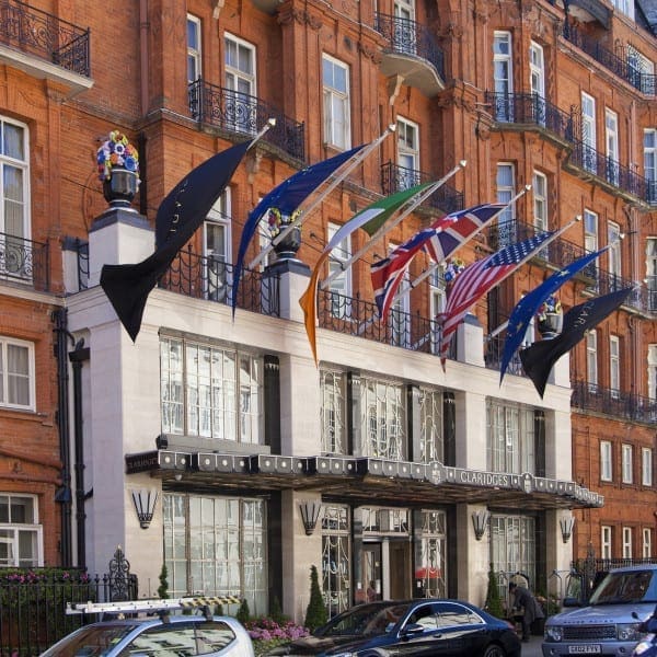 LONDON, UK - JUNE 3, 2014: Mayfair, Claridges hotel one of the top London's hotels. British flags on the faade